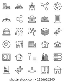 thin line vector icon set - molecule vector, bank, building, hierarchy, dna, chromosomes, ovule, connect, big data, plan, apartments, office, home