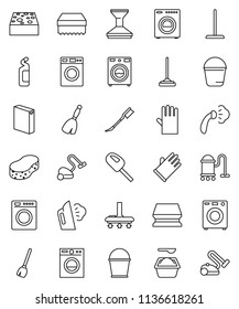 thin line vector icon set - broom vector, vacuum cleaner, mop, bucket, sponge, car fetlock, steaming, washer, washing powder, cleaning agent, rubber glove