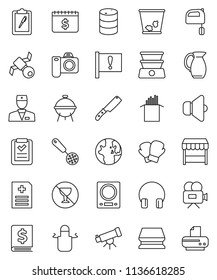thin line vector icon set - sponge vector, trash bin, apron, skimmer, knife, mixer, bbq, jug, pasta, telescope, world, annual report, dollar calendar, boxing glove, no alcohol sign, attention