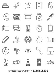 thin line vector icon set - spatula vector, cereal, pasta, pencil, pie graph, cash, presentation board, euro sign, weight, muscule hand, antenna, equalizer, dialog, battery, thermometer, eye, dna