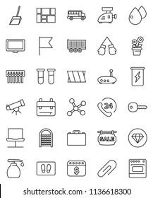 thin line vector icon set - scoop vector, welcome mat, liquid soap, washboard, case, backpack, telescope, school bus, flag, dollar calendar, boxing glove, enegry drink, phone 24, truck trailer, vial
