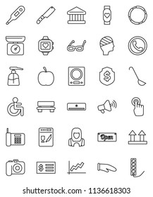 thin line vector icon set - liquid soap vector, cleaner woman, cook glove, ladle, knife, glasses, bank, graph, receipt, dollar shield, diet, heart monitor, hoop, top sign, camera, loudspeaker, bench