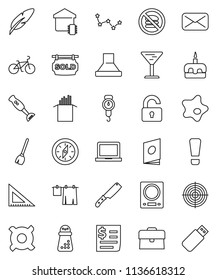 thin line vector icon set - broom vector, splotch, drying clothes, scales, knife, hand mill, blender, pasta, cake, pen, corner ruler, notebook pc, compass, constellation, case, any currency, bike