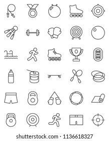 thin line vector icon set - award cup vector, target, barbell, weight, jump rope, fitball, boxing glove, shorts, roller Skates, skateboard, medal, sports nutrition, water bottle, fitness mat, hoop