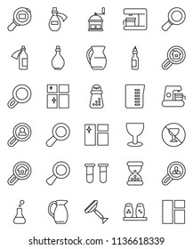 thin line vector icon set - scraper vector, window cleaning, shining, oil, measuring cup, hand mill, spices, jug, magnifier, no alcohol sign, glass, cargo search, flask, vial, sand clock, potion