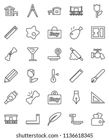 thin line vector icon set - water tap vector, splotch, rolling pin, thermometer, chicken leg, pen, pencil, corner ruler, drawing compass, Railway carriage, glass, tulip, big scales, hdmi, cottage