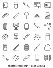thin line vector icon set - camping cauldron vector, spatula, knife, grater, blender, award cup, magnet, gold ingot, safe, hand trainer, consolidated cargo, battery, scalpel, tooth implant, fridge