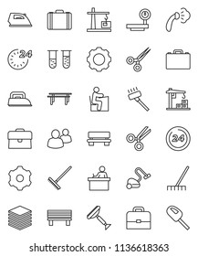 thin line vector icon set - scraper vector, vacuum cleaner, rake, iron, steaming, student, case, horizontal bar, big scales, group, vial, scissors, data, gear, bench, construction crane, 24 hour