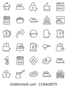 thin line vector icon set - iron vector, steaming, pan, camping cauldron, kettle, cook glove, turk coffee, toaster, oven, thermometer, bbq, steak, flammable, fireplace, maker, hair dryer, heater