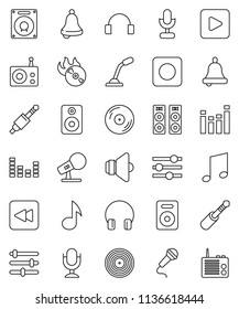 thin line vector icon set - bell vector, music, disk, hit, microphone, radio, speaker, equalizer, headphones, play button, backward, rec, jack