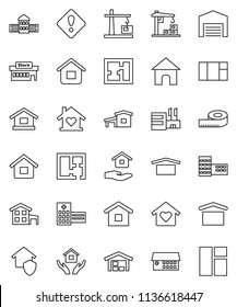 thin line vector icon set - house hold vector, school building, measuring, dry cargo, hospital, attention sign, cottage, barn, plan, love home, construction crane, protect, mall, window