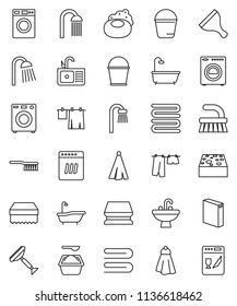 thin line vector icon set - soap vector, scraper, fetlock, bucket, sponge, towel, bath, drying clothes, washer, washing powder, shower, sink, dishwasher