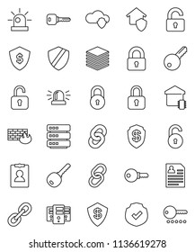 thin line vector icon set - personal information vector, dollar shield, protected, link, cloud, big data, server, firewall, chain, lock, unlock, key, siren, smart home, protect, password