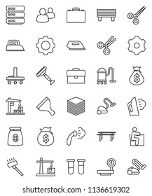 thin line vector icon set - scraper vector, vacuum cleaner, steaming, student, case, money bag, horizontal bar, big scales, group, vial, scissors, data, gear, bench, construction crane, iron