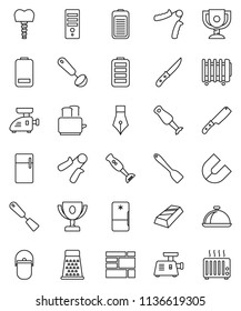 thin line vector icon set - camping cauldron vector, spatula, ladle, knife, grater, toaster, blender, dish, pen, award cup, magnet, gold ingot, hand trainer, consolidated cargo, battery, fridge