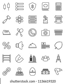 thin line vector icon set - iron vector, cook timer, meat hammer, cookbook, dish, book, drawing compass, atom, magnet, leaf, japanese candle, calculator, dollar shield, stadium, jump rope, navigator