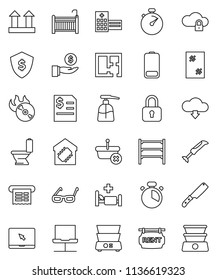 thin line vector icon set - window cleaning vector, toilet, liquid soap, cook timer, knife, double boiler, glasses, investment, annual report, dollar shield, stopwatch, top sign, shelving, music hit