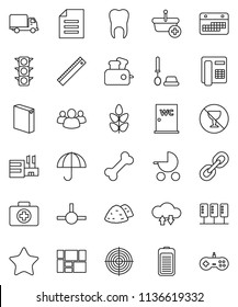 thin line vector icon set - toilet brush vector, washing powder, water closet, garbage pile, ruler, document, target, cereals, no alcohol sign, first aid kit, bone, traffic light, delivery, calendar