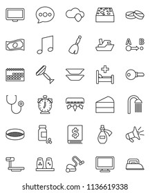 thin line vector icon set - scraper vector, broom, vacuum cleaner, sponge, shower, spices, plates, sieve, cake, alarm clock, music, cash, annual report, pills vial, ship, calendar, big scales, route