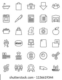 thin line vector icon set - soap vector, bath, pan, cook glove, cutting board, cookbook, bbq, pen, calculator, medal, scissors, man, arrow down, pound, diet, first aid kit, document, group, ovule