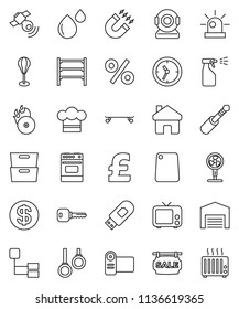 thin line vector icon set - sprayer vector, cook hat, cutting board, oven, magnet, archive, pound, punching bag, skateboard, gymnast rings, clock, shelving, music hit, satellitie, tv, jack, home