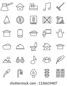 thin line vector icon set - rake vector, toilet, foam basin, apron, turk coffee, dish, pen, blackboard, glasses, bell, music, exchange, annual report, traffic light, wood box, dry cargo, group, pool