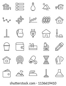 thin line vector icon set - mop vector, bucket, iron, steaming, toilet brush, oil, plates, jug, pencil, microscope, constellation, graph, wallet, sand clock, target, pills, dna, home, house, cottage