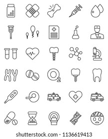 thin line vector icon set - heart pulse vector, pills vial, molecule, oxygen, cross, doctor, thermometer, flask, insemination, syringe, crutches, broken bone, sand clock, patch, microscope, sperm
