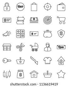 thin line vector icon set - japanese candle vector, wallet, crisis, dollar growth, cash, money bag, new, open, shopping, market, support, target, basket, cart, home, calculator, loudspeaker, lock