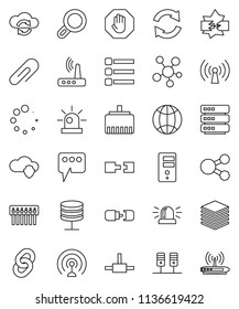 thin line vector icon set - antenna vector, social media, connect, server, disconnection, network, cloud shield, exchange, big data, menu, hub, router, lan connector, share, message, refresh, chain