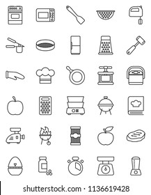 thin line vector icon set - pan vector, colander, scales, cook hat, glove, timer, press, spatula, meat hammer, grater, mixer, oven, double boiler, cookbook, bbq, sieve, pasta, steak, diet, fridge