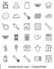 thin line vector icon set - pan vector, kettle, colander, scales, cook hat, apron, press, whisk, skimmer, spatula, hand mill, grater, oven, blender, thermometer, plates, dish, jar, cereal, pasta