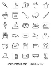 thin line vector icon set - sponge vector, plates, sink, water tap, pan, kettle, measuring cup, scales, apron, cook glove, timer, press, whisk, spatula, knife, oven, fridge, dishwasher, coffee maker