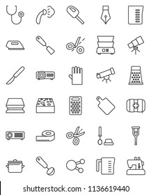 thin line vector icon set - sponge vector, steaming, toilet brush, rubber glove, pan, measuring cup, spatula, ladle, cutting board, grater, double boiler, pen, telescope, first aid kit, social media