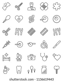 thin line vector icon set - doctor bag vector, ambulance star, disabled, heart cross, gender sign, insemination, syringe, scissors, scalpel, broken bone, patch, stethoscope, pills bottle, blister