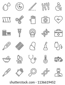 thin line vector icon set - rubber glove vector, school building, heart pulse, first aid kit, doctor bag, disabled, thermometer, flask, dna, magnifier, pregnancy, crutches, scissors, scalpel, mortar