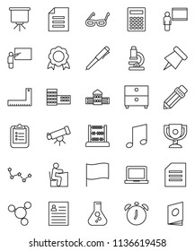 thin line vector icon set - pencil vector, school building, blackboard, corner ruler, glasses, student, pen, telescope, microscope, calculator, notebook pc, alarm clock, clipboard, paper pin, medal