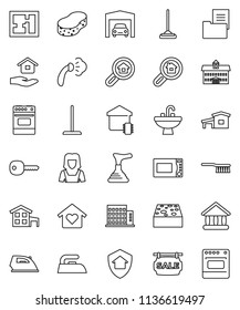 thin line vector icon set - plunger vector, fetlock, mop, sponge, iron, steaming, house hold, sink, cleaner woman, microwave oven, university, key, cottage, garage, plan, estate document, apartments