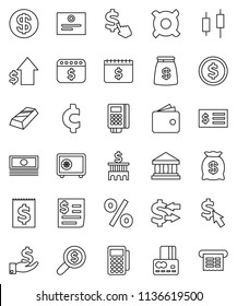 thin line vector icon set - certificate vector, bank, exchange, dollar coin, gold ingot, japanese candle, credit card, wallet, cash, investment, growth, building, receipt, money search, safe, cursor