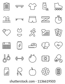 thin line vector icon set - diet vector, barbell, measuring, heart pulse, stopwatch, clipboard, pills vial, jump rope, fitball, boxing glove, shorts, swimsuite, t shirt, roller Skates, skateboard