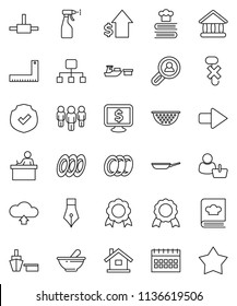 thin line vector icon set - sprayer vector, plates, pan, colander, cookbook, pen, corner ruler, student, medal, university, dollar growth, man, calendar, monitor, port, no hook, protected, mortar