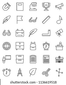 thin line vector icon set - copybook vector, pen, university, blackboard, corner ruler, drawing compass, glasses, student, backpack, telescope, table lamp, calculator, alarm clock, clipboard, magnet