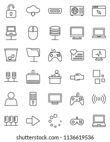 thin line vector icon set - trash bin vector, student, notebook pc, heart monitor, gamepad, hdmi, diagnostic, server, network, folder, browser, lan connector, arrow, cloud download, loading, user