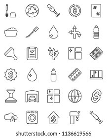 thin line vector icon set - scraper vector, water drop, car fetlock, window cleaning, toilet brush, foam basin, shining, blender, exchange, dollar growth, medal, bottle, route, internet, cloud lock