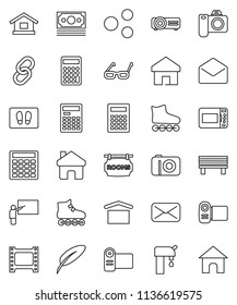 thin line vector icon set - welcome mat vector, pen, blackboard, glasses, calculator, roller Skates, money, dry cargo, film frame, link, mail, share, home, bench, water supply, rooms signboard