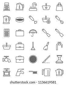 thin line vector icon set - plunger vector, broom, water tap, fetlock, car, kettle, measuring cup, cook press, whisk, spatula, grater, sieve, case, umbrella, scalpel, supply, shopping bag, basket