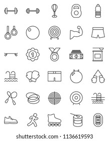 thin line vector icon set - target vector, barbell, stadium, weight, jump rope, punching bag, fitball, muscule hand, snickers, boxing glove, shorts, roller Skates, skateboard, medal, water bottle