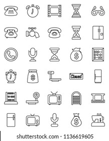 thin line vector icon set - water tap vector, washboard, glasses, alarm clock, abacus, money bag, sand, phone, big scales, film frame, tv, microphone, classic, fridge, closed, sewing machine