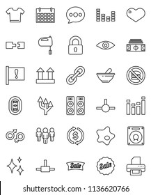 thin line vector icon set - shining vector, splotch, mixer, exchange, man, stadium, calendar, no fastfood, attention, top sign, equalizer, link, heart, eye, gender, mortar, connect, message, lock