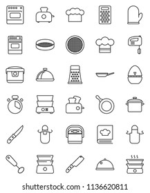 thin line vector icon set - pan vector, cook hat, apron, glove, timer, whisk, knife, grater, oven, double boiler, cookbook, sieve, dish, mixer, multi cooker, toaster